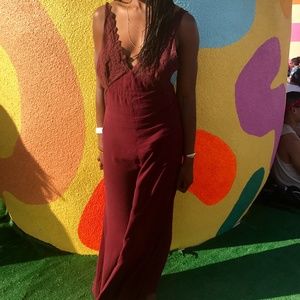 FREE PEOPLE Burgundy Low V-neck Jumpsuit with open back